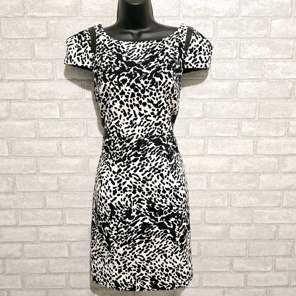 Tibi‎ New York Black White Leopard Print Leather Trim Sheath Dress Size 8